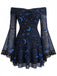 Robe Gothique Bleue Imprimé Céleste Épaules Dénudées Dentelle Années 1970