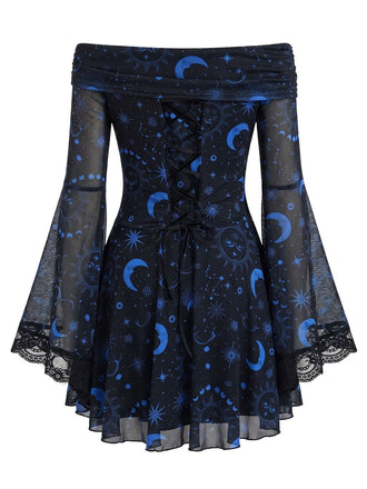 Robe Gothique Bleue Imprimé Céleste Épaules Dénudées Dentelle Années 1970 2