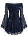 Robe Gothique Bleue Imprimé Céleste Épaules Dénudées Dentelle Années 1970 2