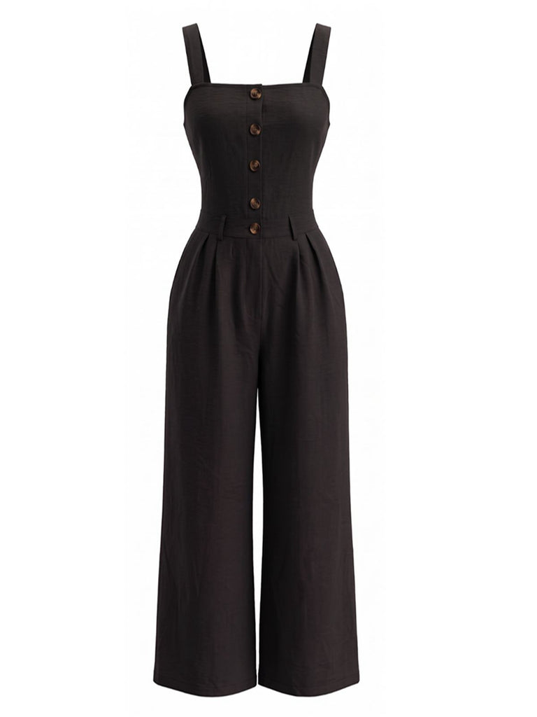 Combinaison noir boutonnée sans manches encolure carrée années 1940