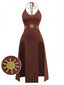 Robe marron dos nu motif soleil et double fente années 80
