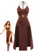 Robe marron dos nu motif soleil et double fente années 80