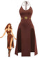 Robe marron dos nu motif soleil et double fente années 80