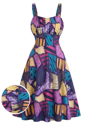 Robe en A Violette Patchwork Gothique Halloween Années 1950