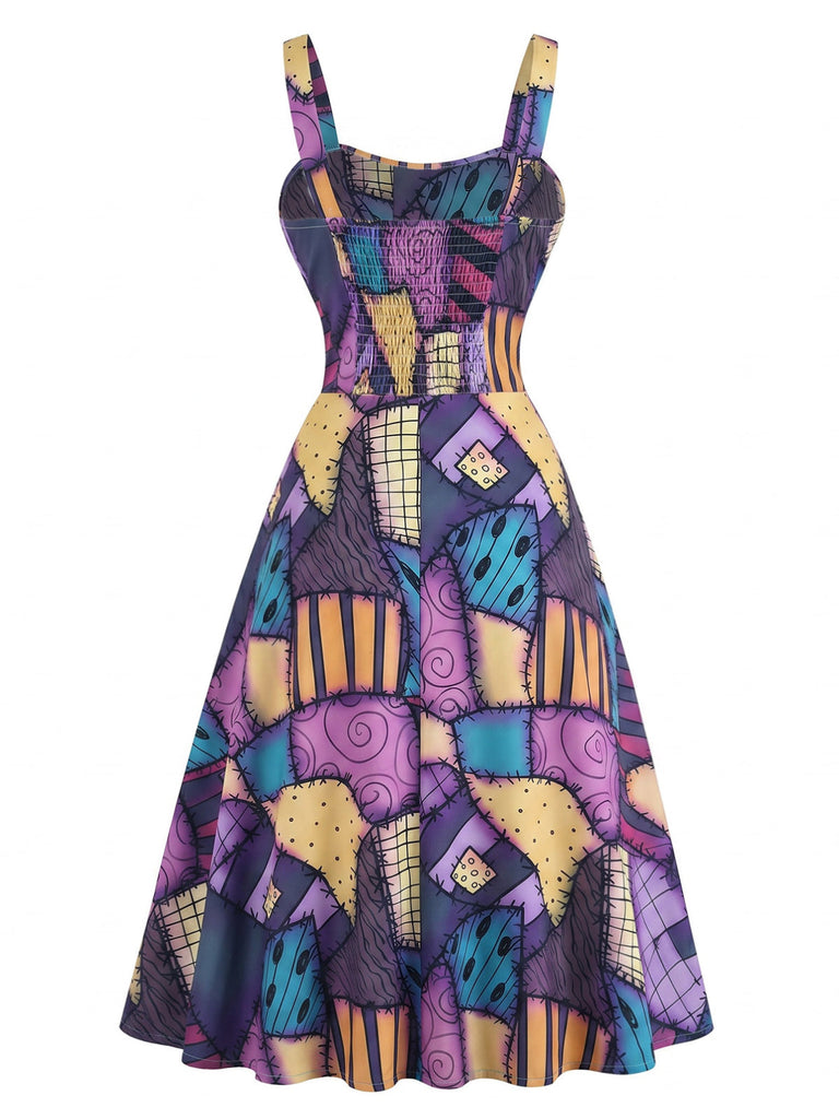 Robe en A Violette Patchwork Gothique Halloween Années 1950 3