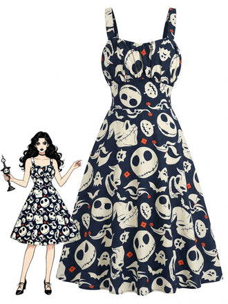Robe Trapèze Halloween à Imprimé Squelette Noir Années 1950