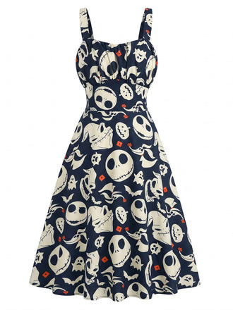 Robe Trapèze Halloween à Imprimé Squelette Noir Années 1950