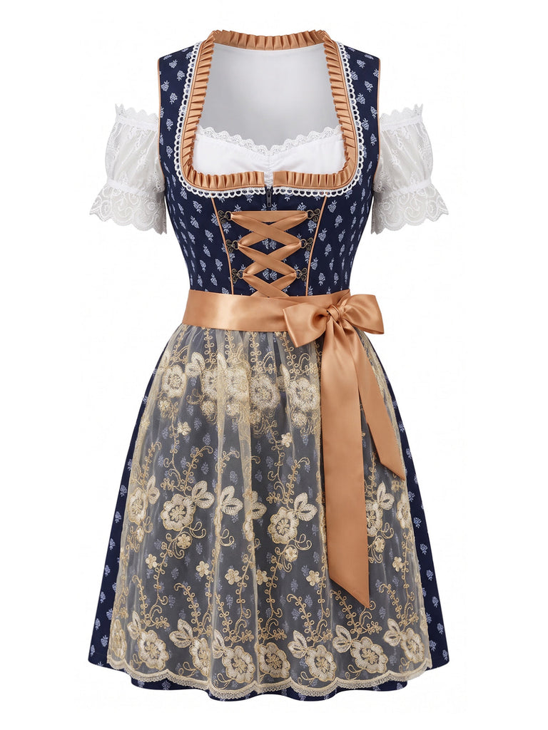 3PCS Robe Bleu Off‑Shoulder Top et Col Carré et Dentelle Tablier Années 1950