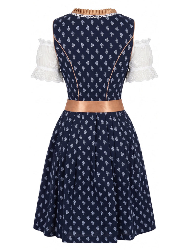 3PCS Robe Bleu Off‑Shoulder Top et Col Carré et Dentelle Tablier Années 1950