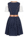 3PCS Robe Bleu Off‑Shoulder Top et Col Carré et Dentelle Tablier Années 1950