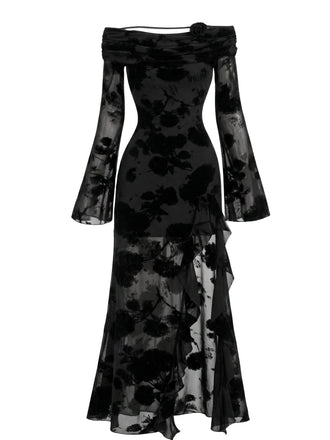 Robe Gothique Florale à Épaules Dénudées avec Fente en Tulle Noir Années 1930