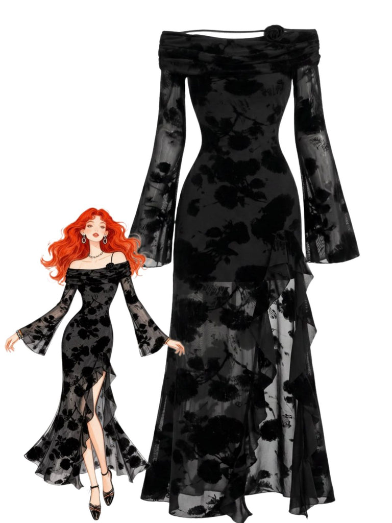 Robe Gothique Florale à Épaules Dénudées avec Fente en Tulle Noir Années 1930
