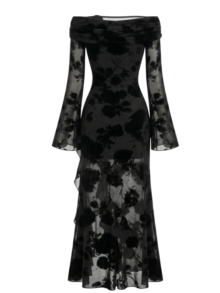 Robe Gothique Florale à Épaules Dénudées avec Fente en Tulle Noir Années 1930