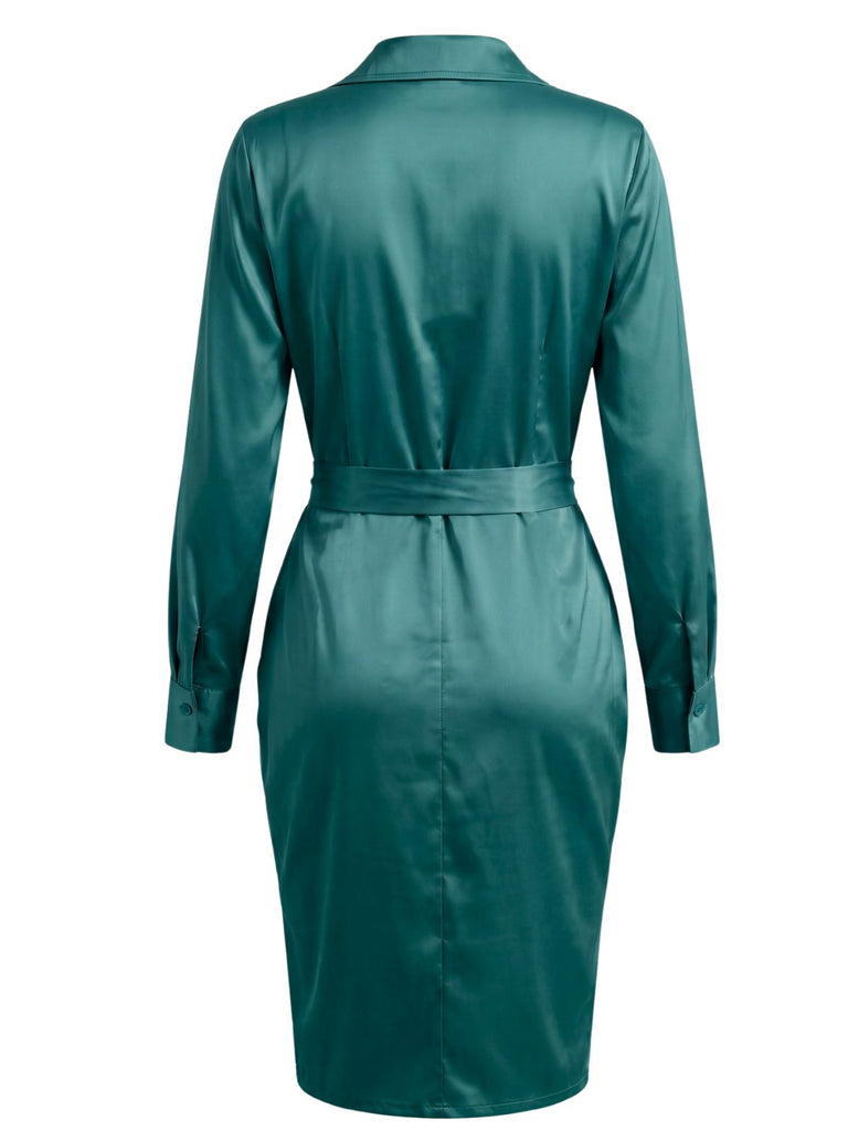 Robe-chemise en satin à taille froncée et nouée années 1960 - 7