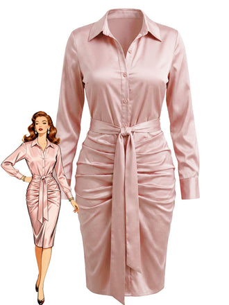 Robe-chemise en satin à taille froncée et nouée années 1960 - 1