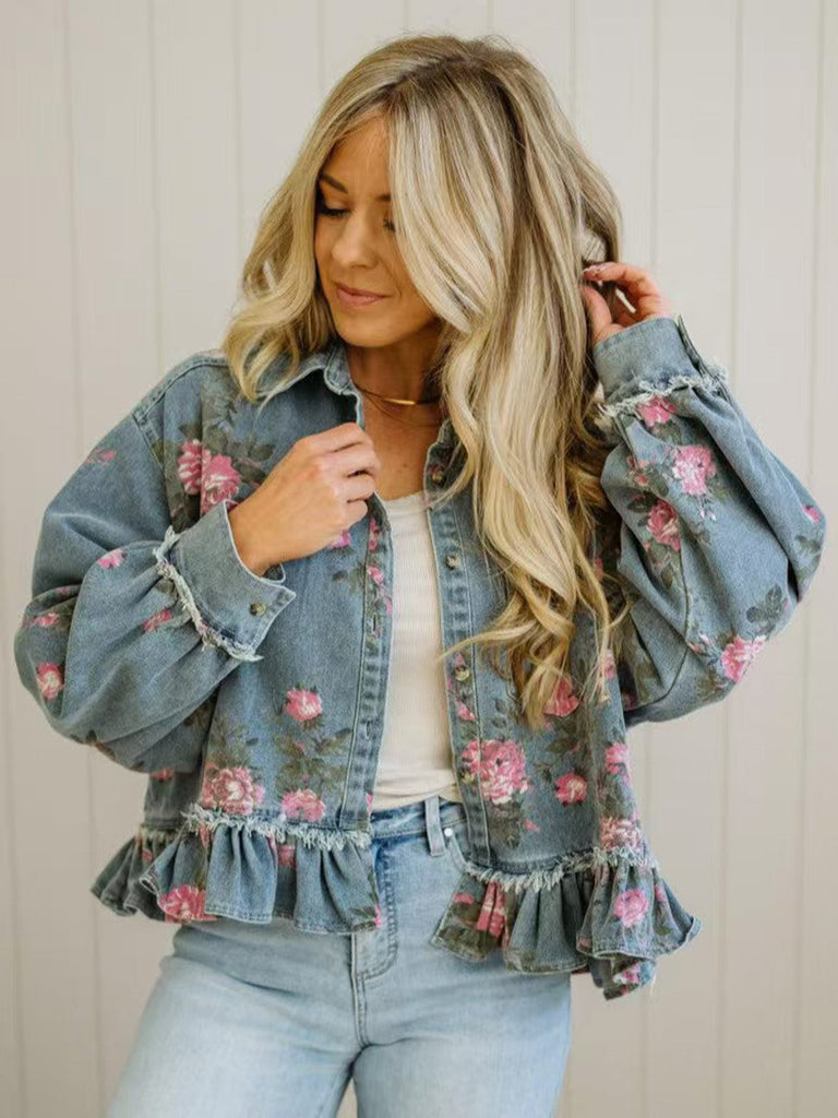 Veste Bleu Floral Denim Volant Ourlet Années 1950 3