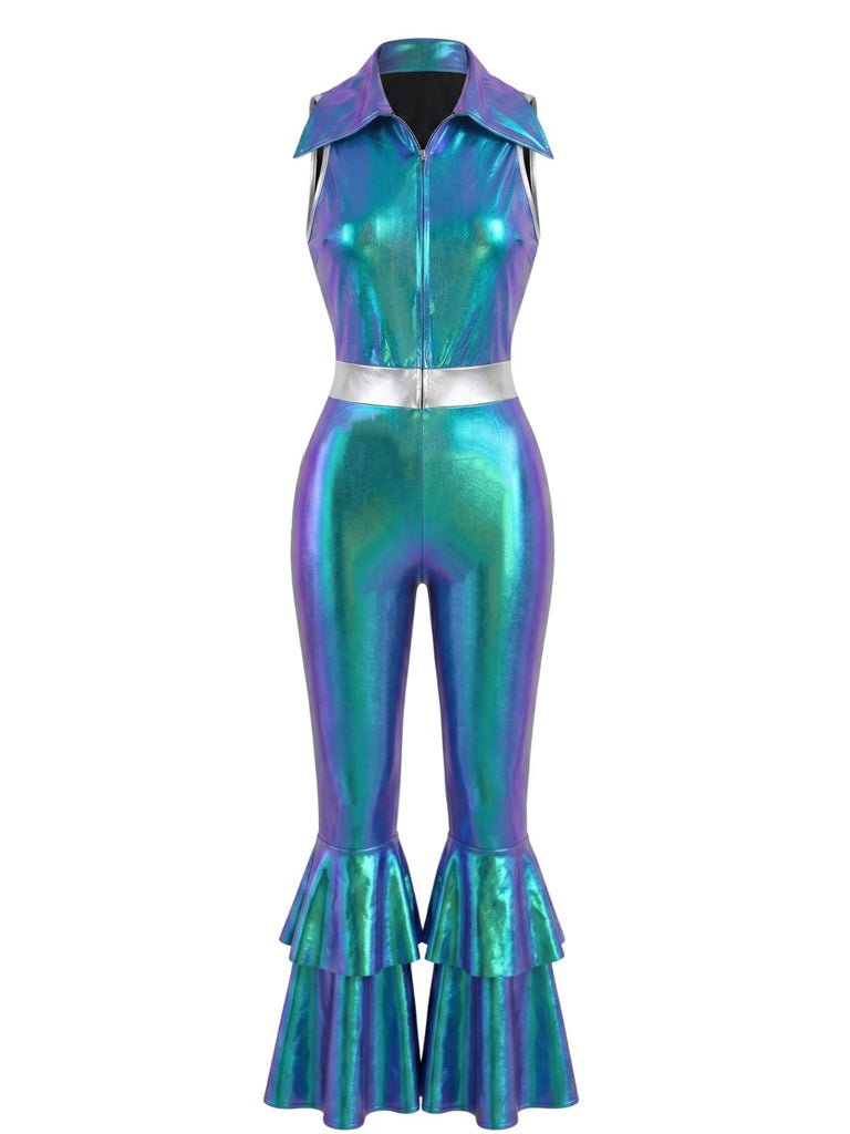 Combinaison Bleu Ceinturé Laser Métallique Tight Évasé Années 1960 2
