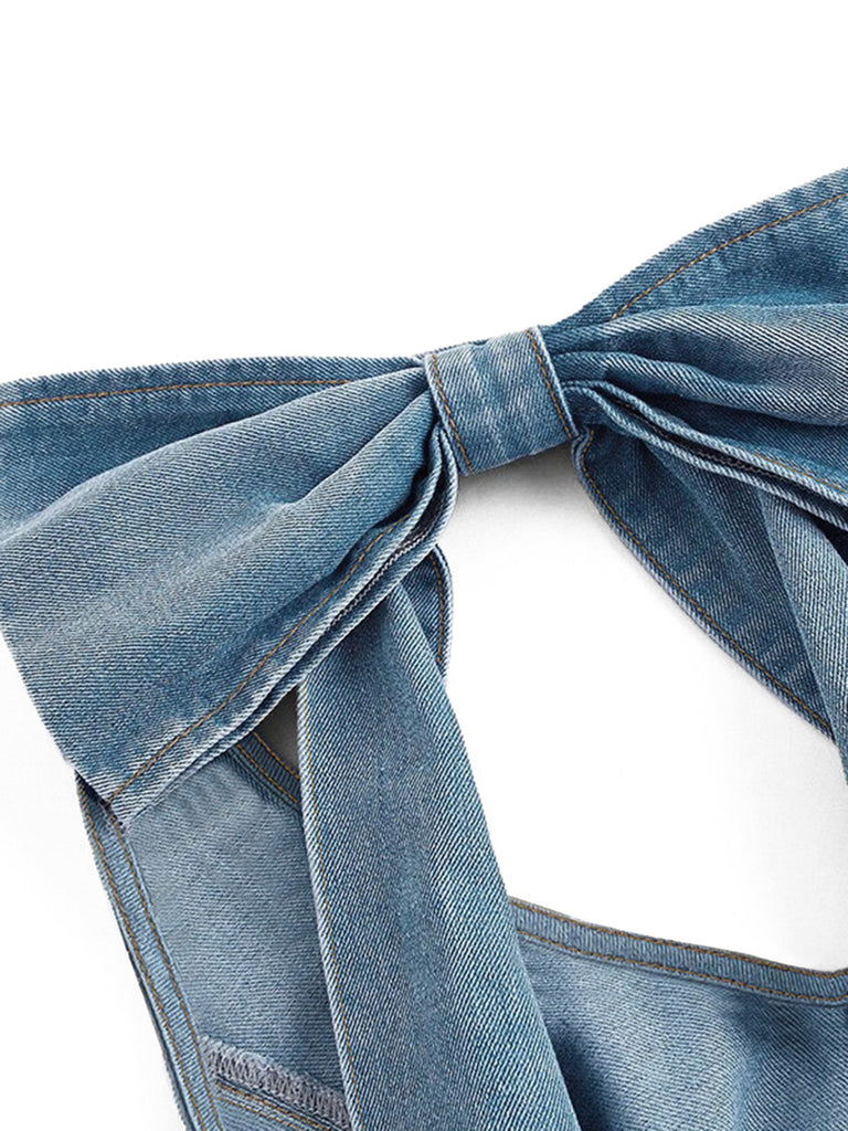 Robe Bleu Dos Nu Nœud Denim Années 1950 4