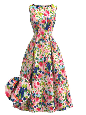 Robe Watercolor Floral Sans Manches Midi Années 1940