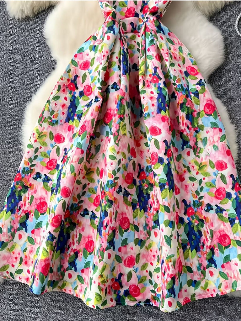 Robe Watercolor Floral Sans Manches Midi Années 1940 5