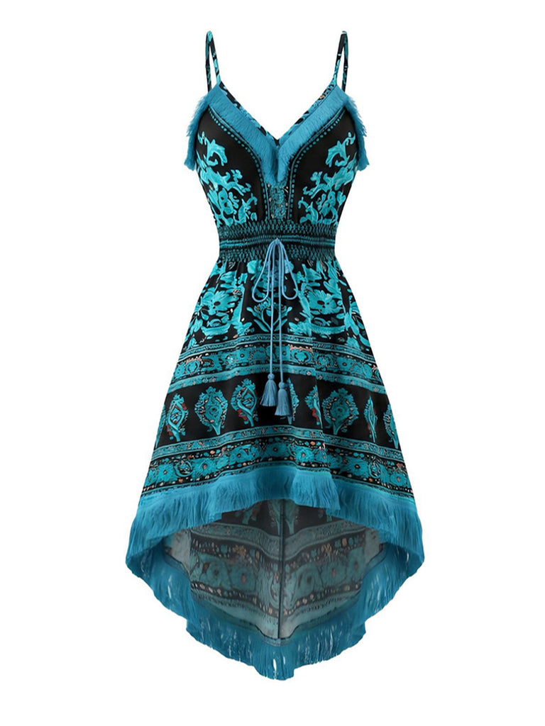 Robe caraco bohème asymétrique finitions franges années 70
