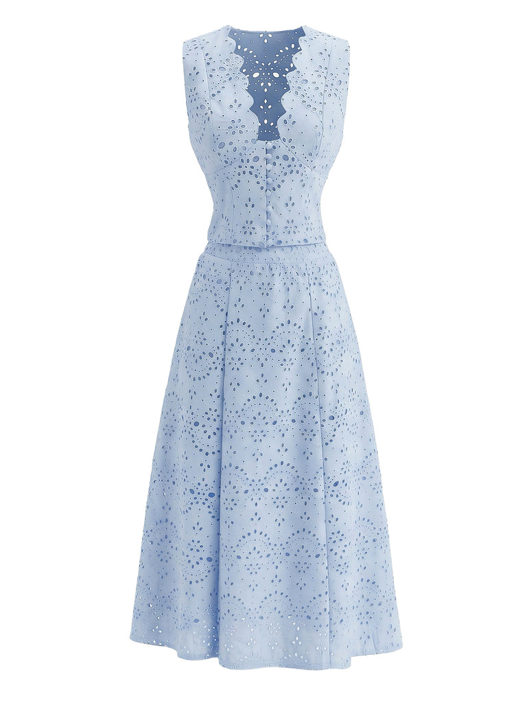 2PCS Gilet Brodé Bleu Décolleté Plongeant & Maxi Jupe Années 1950 2