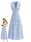2PCS Ensemble bleu haut brodé décolleté plongeant et jupe longue années 50