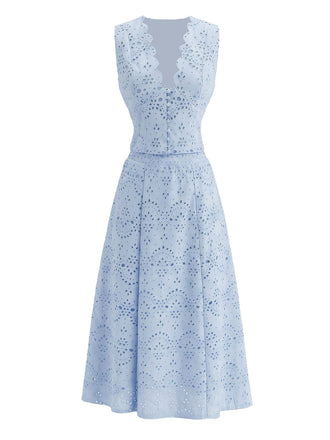 2PCS Ensemble bleu haut brodé décolleté plongeant et jupe longue années 50
