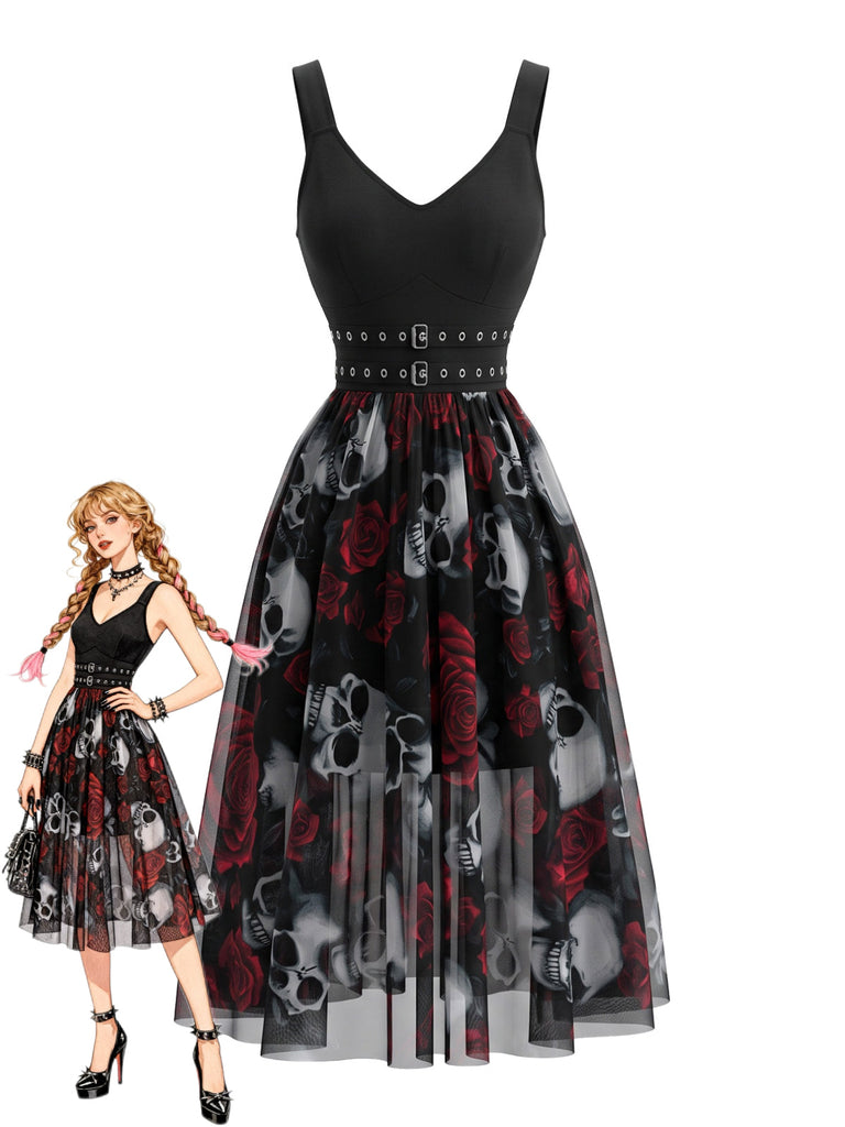 Robe Gothique Halloween en Tulle avec Roses et Crâne Noir Années 1970