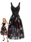 Robe gothique noire tulle motif rose et tête de mort Halloween années 70