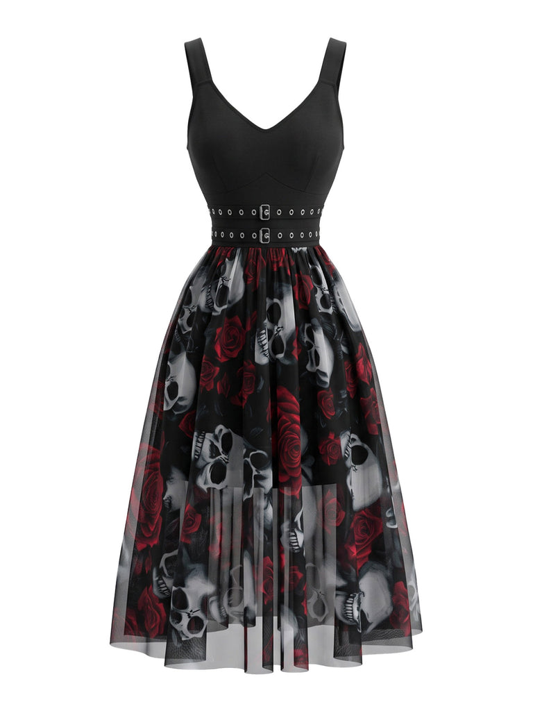 Robe Gothique Halloween en Tulle avec Roses et Crâne Noir Années 1970