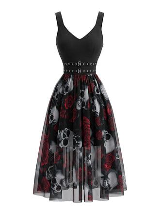 Robe Gothique Halloween en Tulle avec Roses et Crâne Noir Années 1970