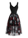 Robe Gothique Halloween en Tulle avec Roses et Crâne Noir Années 1970