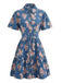 Robe Bleu Imprimé Floral Revers Boutonné Shirt Années 1970