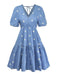 Robe Bleue Col V Marguerites Brodées Manches Bouffantes Années 1970 2