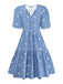 Robe Bleue Col V Marguerites Brodées Manches Bouffantes Années 1970 3