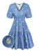 Robe Bleue Col V Marguerites Brodées Manches Bouffantes Années 1970