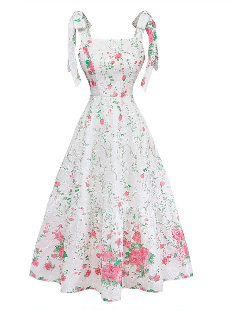 Robe à Bretelles Nouées avec Broderie Florale Blanc Années 1950