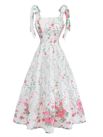 Robe à Bretelles Nouées avec Broderie Florale Blanc Années 1950