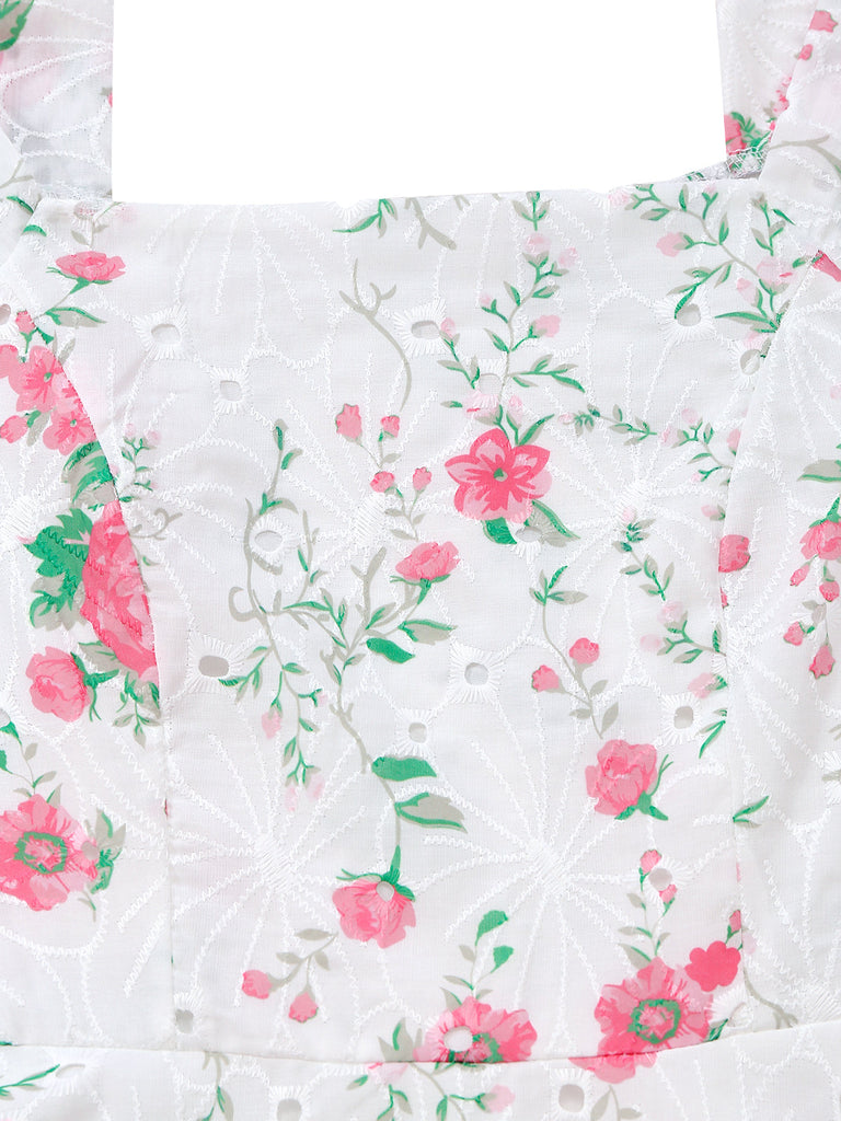 Robe à Bretelles Nouées avec Broderie Florale Blanc Années 1950