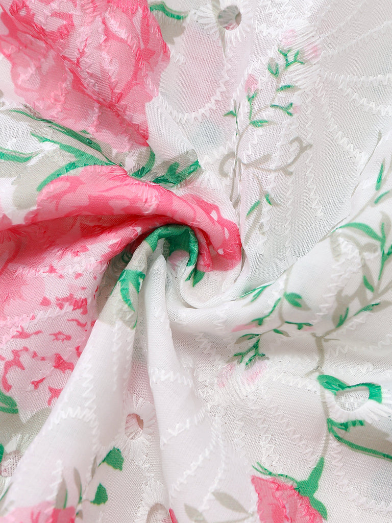 Robe à Bretelles Nouées avec Broderie Florale Blanc Années 1950