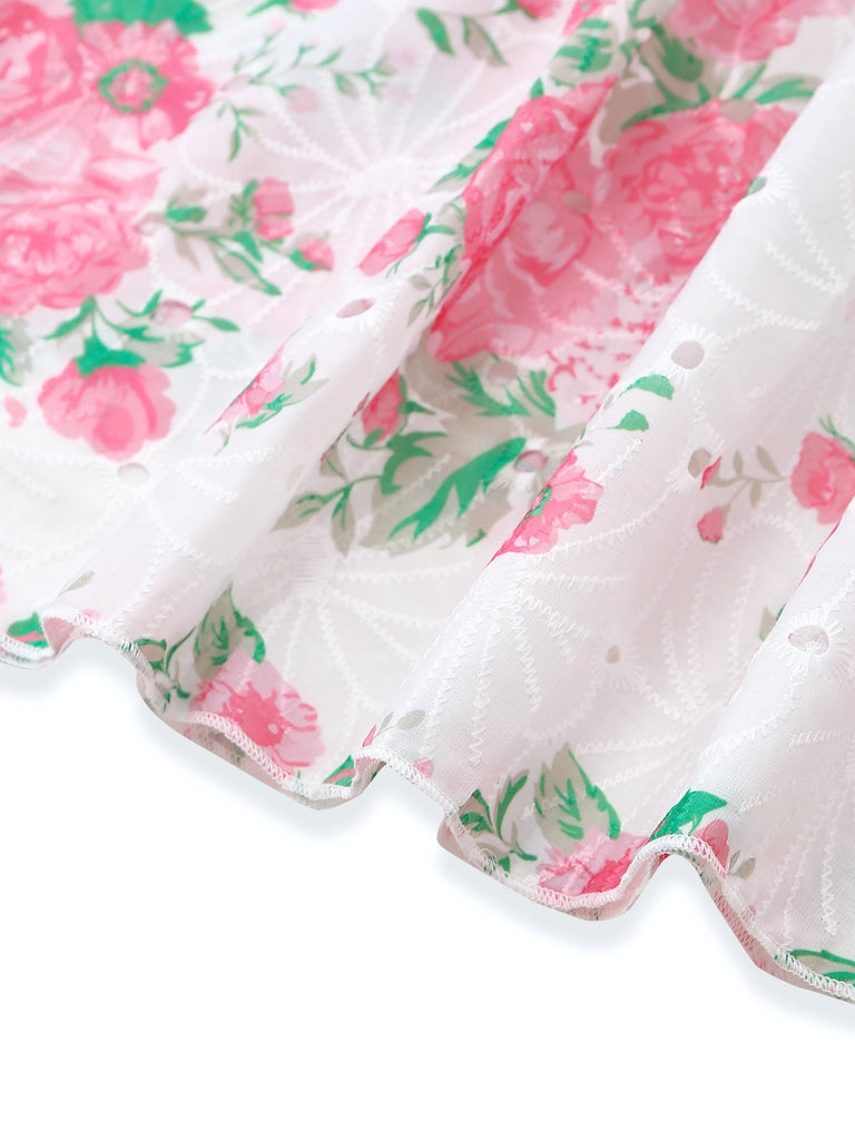Robe à Bretelles Nouées avec Broderie Florale Blanc Années 1950