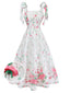 Robe blanche broderies florales et bretelles nouer années 50