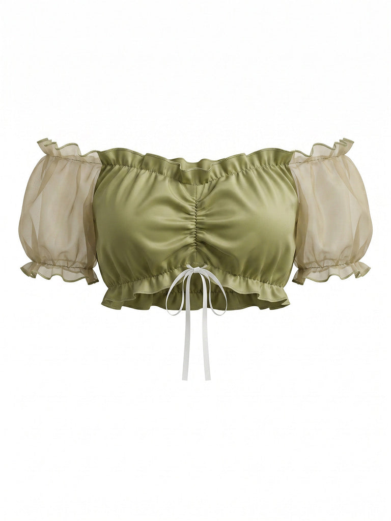 Top Court à Manches Bouffantes Transparentes avec Volants Chartreuse Années 1950