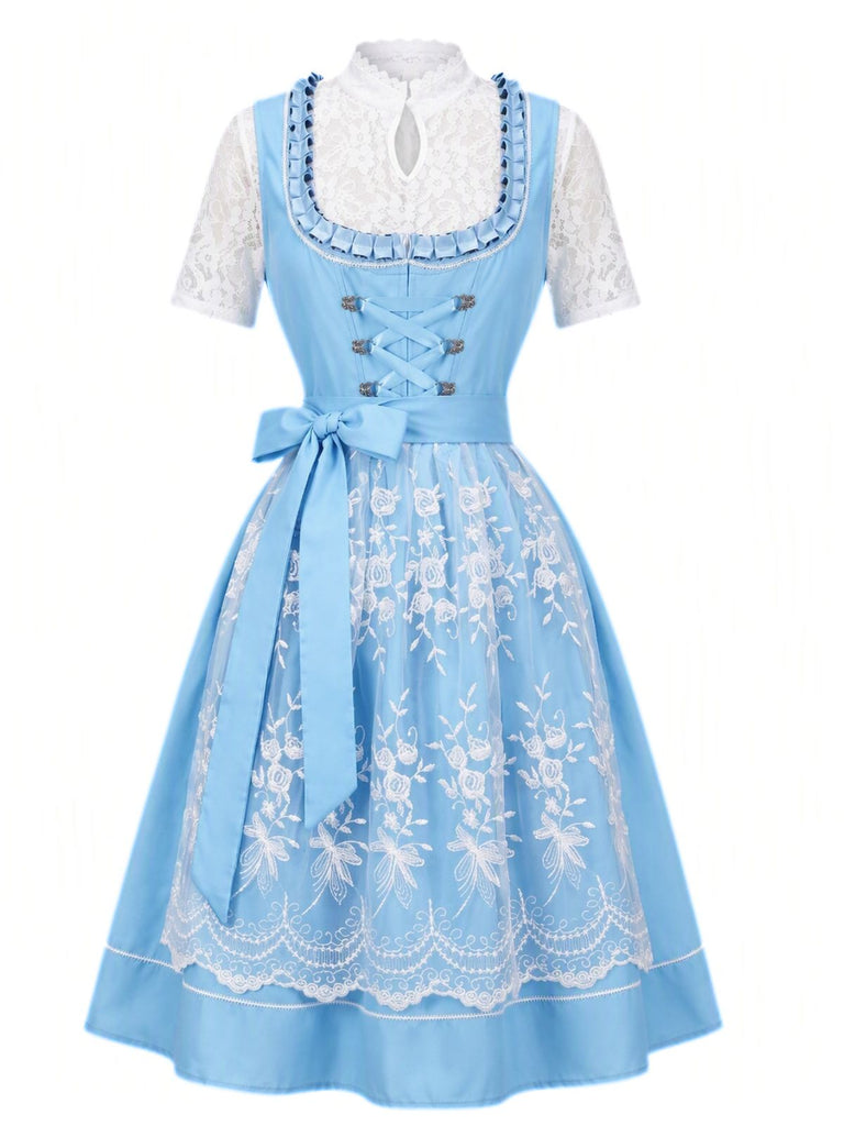 Robe à Col Carré et Tablier Brodé et Top à Trou de Serrure en Dentelle Bleu Années 1950