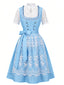 Robe bleue encolure carrée tablier brodé et haut en dentelle ouverture goutte d'eau années 50