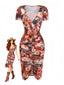 Robe Moulante Col V Froncée Floral Western Marron Années 1960