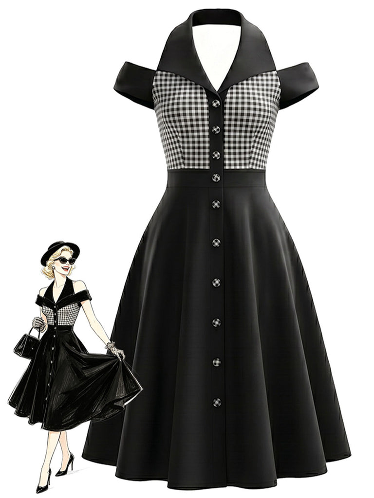 [Prévente] Robe Noir et Blanc Vichy à Carreaux Halter Cold Shoulder Années 1950