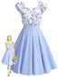 [Prévente] Robe à Volants Imprimé Floral avec Poches Bleu Années 1950