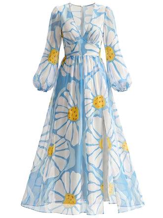 [Prévente] Robe Bleu Col V Big Daisy Imprimé Fendu Maxi Années 1970 2